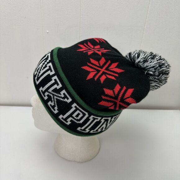 Victorias Secret PINK Beanie Hat Winter Cap Black Red Snowflakes Knit - Picture 3 of 10